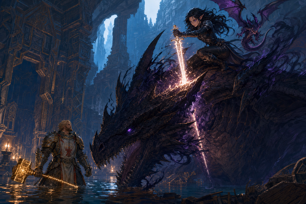 Session artwork: a warrior drives a glowing blade into a vast black dragon