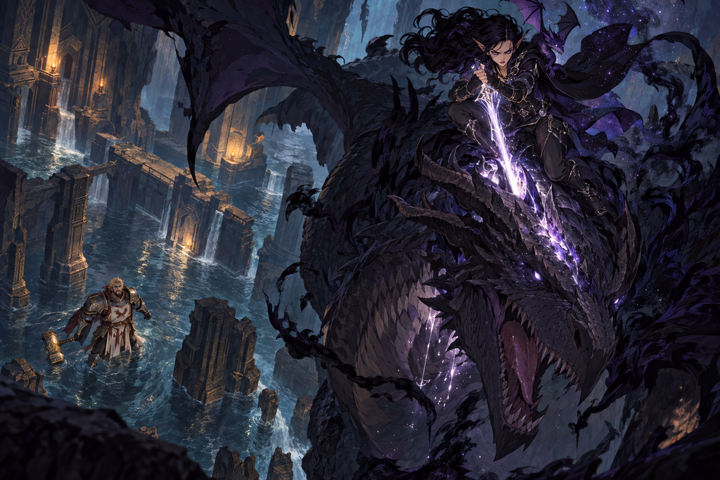 Session artwork: a warrior drives a glowing blade into a vast black dragon