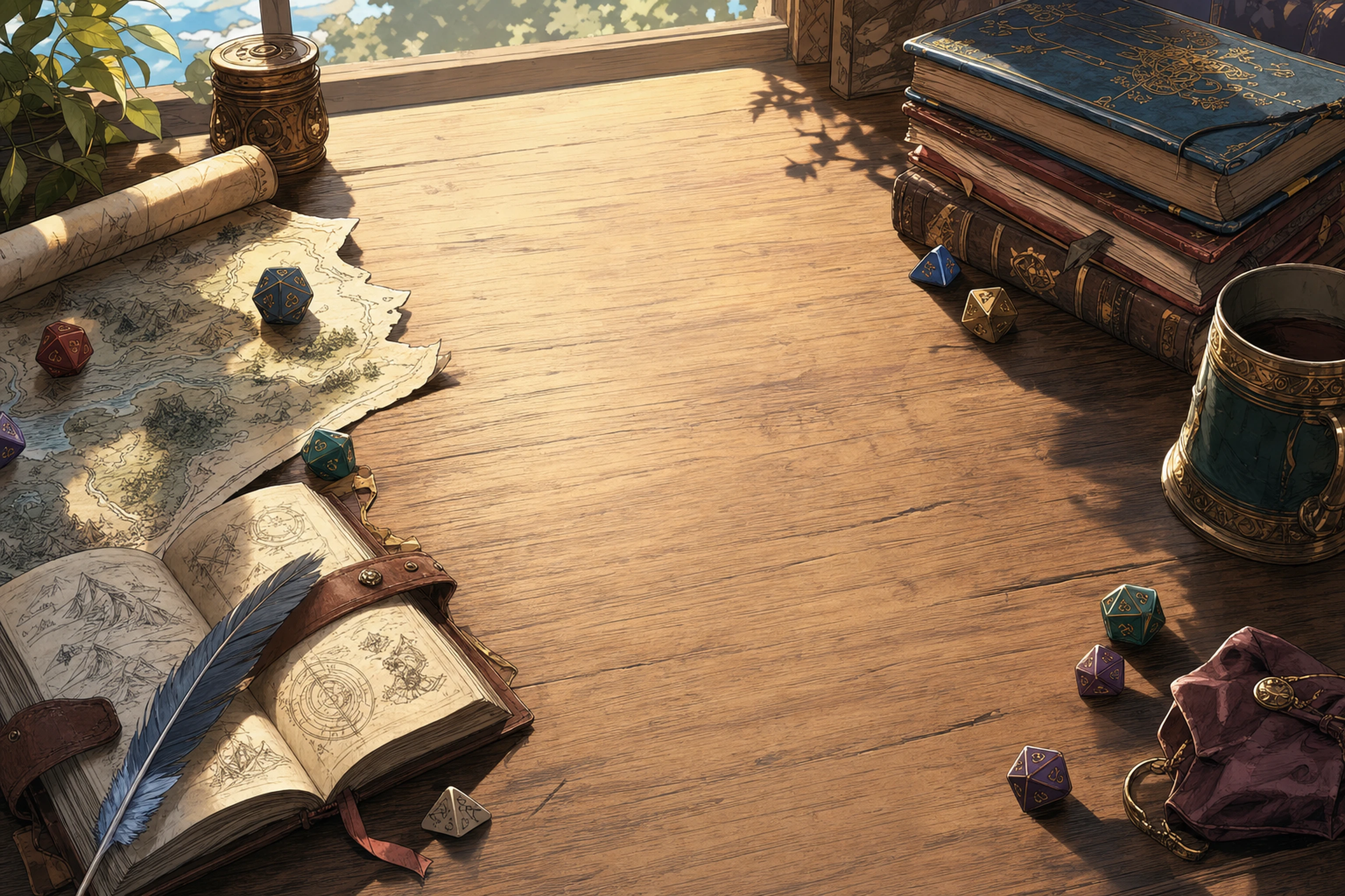 A candlelit game table strewn with maps, dice and an open journal