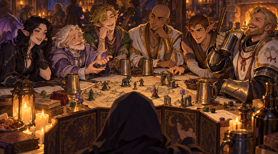 A party laughing around a miniature-covered table, the GM behind a screen