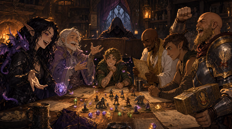 A party laughing around a miniature-covered table, the GM behind a screen